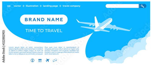 Air ticket sale - Landing page template. Sky scenery background - dark blue sky, clouds, flying planes, website icons. Vector illustration