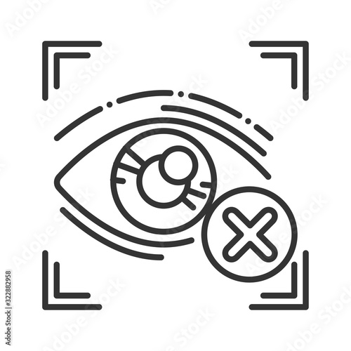 Cancelled eye identification black line icon. Access denied for user concept. Error, fraud. Biometric security element. Sign for web page, mobile app, banner. Editable stroke.