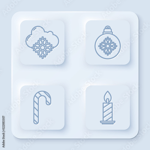 Set line Cloud with snow, Christmas ball, Christmas candy cane with stripes and Burning candle in candlestick. White square button. Vector