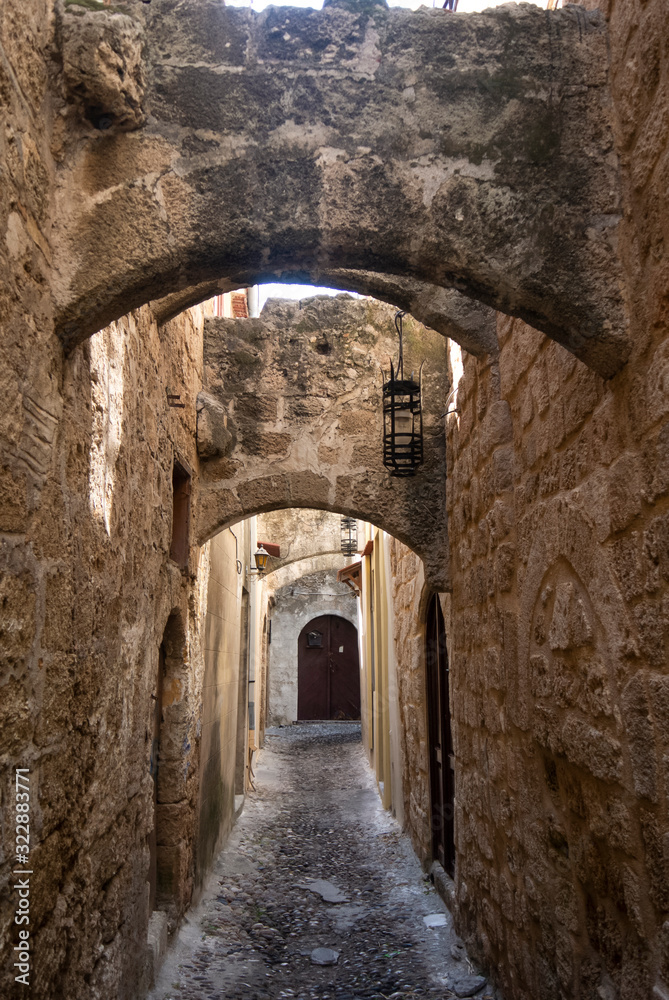 The Jewish quarter in the old town of Rhodes.  A Greek island with the oldest, still lived in, medieval city in Europe.  Picture of the Jewish quarter, which has little tourism and is very quiet.