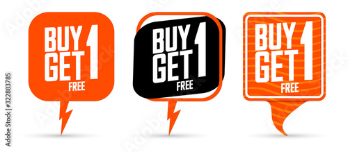 Set Buy 1 Get 1 Free tags, BOGO speech bubble banners design template, sale badge collection, vector illustration