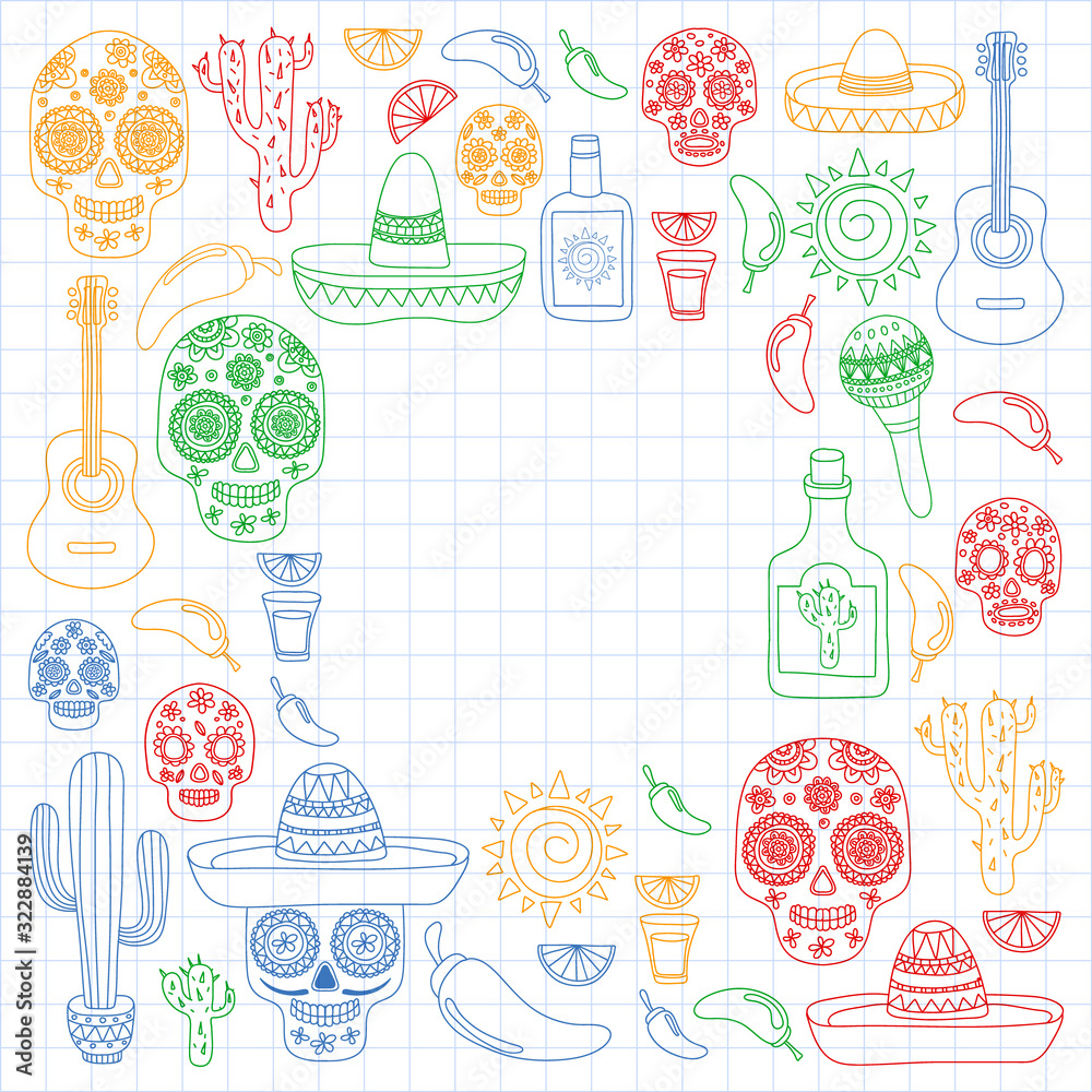 Fototapeta premium Mexico vector pattern. Day of the Dead. Icons for posters, banners, backgrounds.