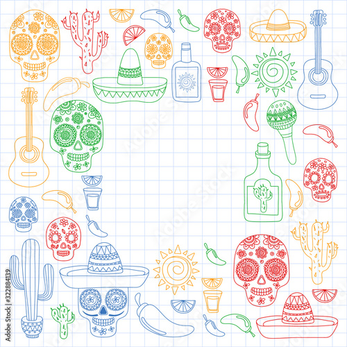 Mexico vector pattern. Day of the Dead. Icons for posters, banners, backgrounds.