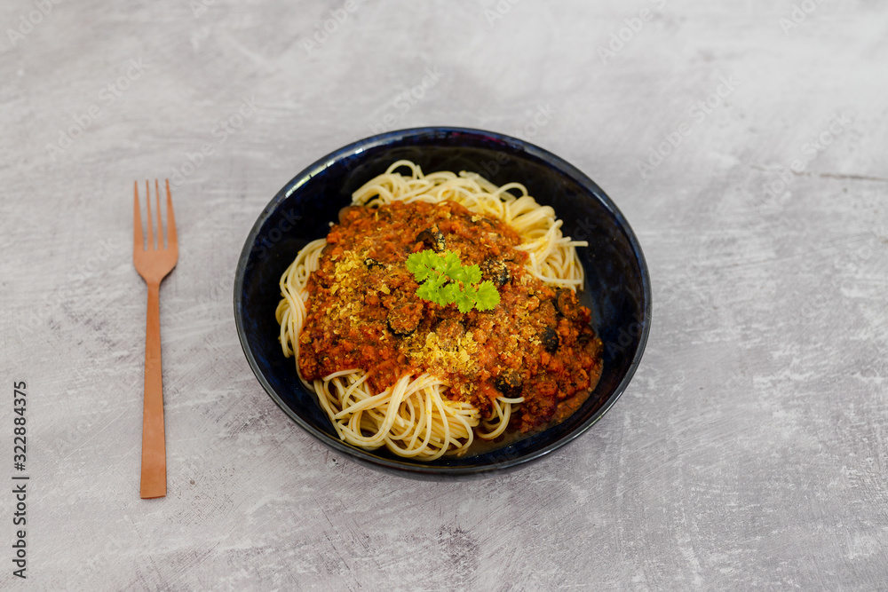 spaghetti bowl with vegan bolognaise sauce made with textured vegetable protein spaghetti bowl with vegan bolognaise sauce made with textured vegetable protein