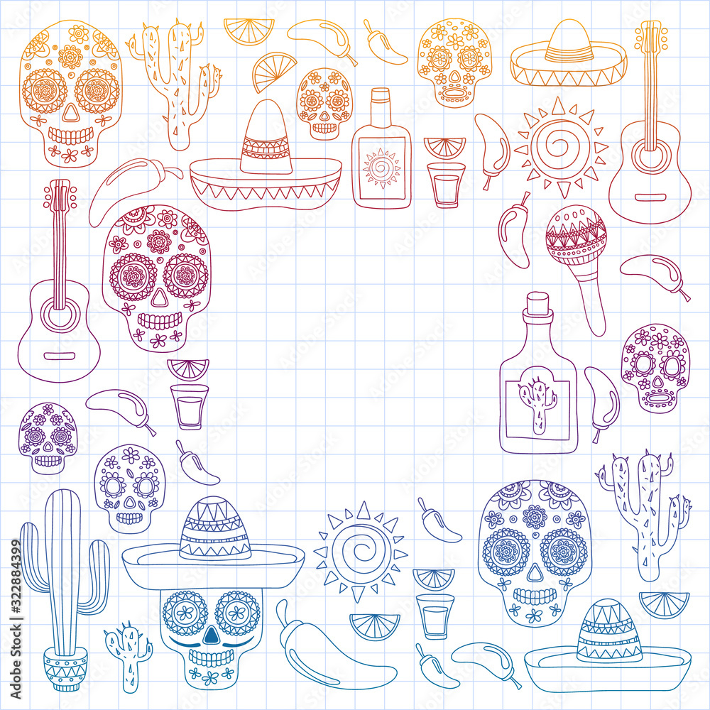 Mexico vector pattern. Day of the Dead. Icons for posters, banners, backgrounds.