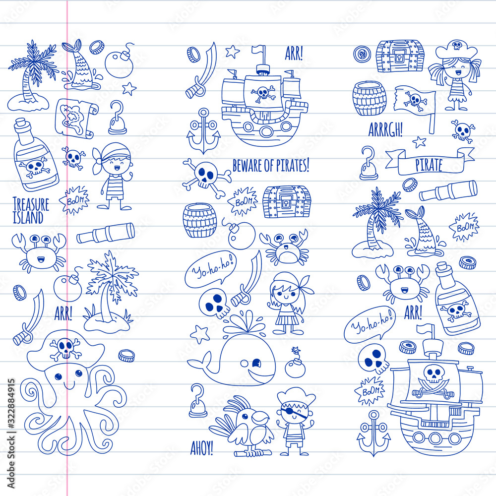 Obraz premium Vector pattern with pirate icons. Adventure, birthday party.