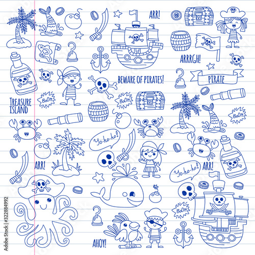 Vector pattern with pirate icons. Adventure  birthday party.