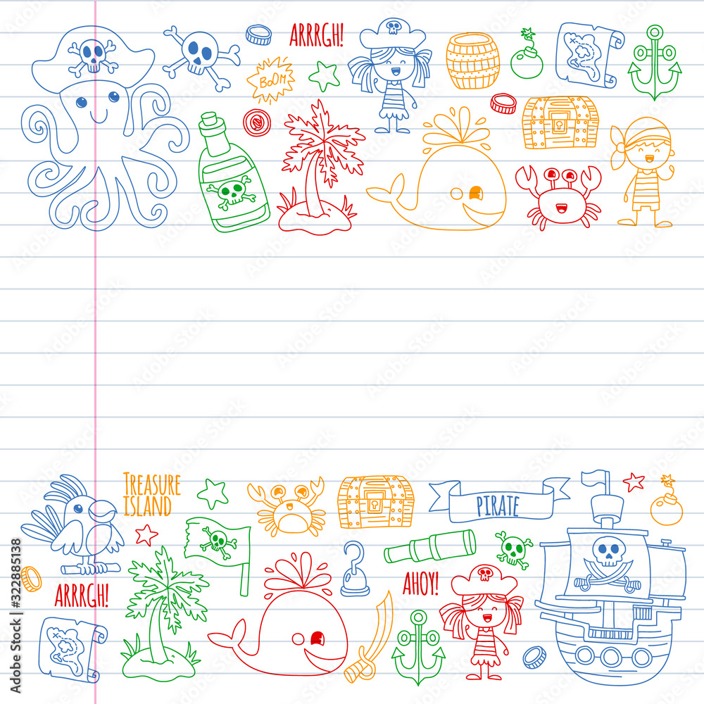 Fototapeta premium Vector pattern with pirate icons. Adventure, birthday party.