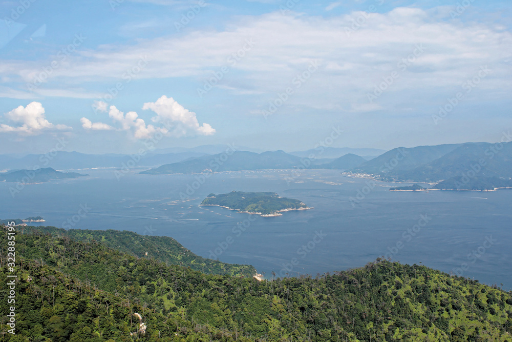 Miyajima, Japan - July 20, 2019: A far side of Hiroshima Bay as seen from the top of Misen mountain, Miyajima