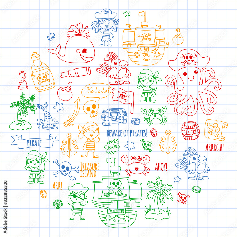 Vector pattern with pirate icons. Adventure, birthday party.