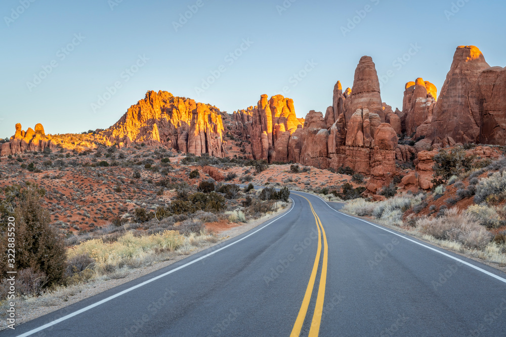 Winter sunrise driving in Arches National Park Winter sunrise driving in Arches National Park