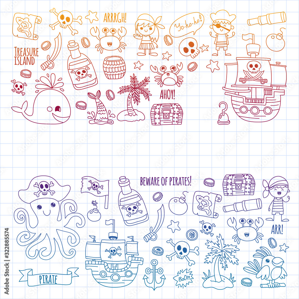 Vector pattern with pirate icons. Adventure, birthday party.