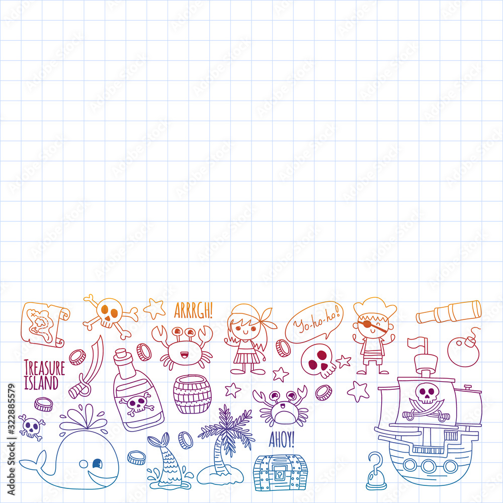 Vector pattern with pirate icons. Adventure, birthday party.