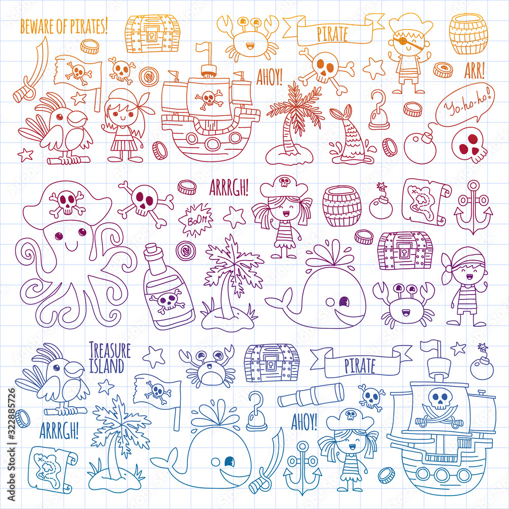 Vector pattern with pirate icons. Adventure, birthday party.