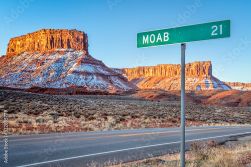Moab 21 miles road sign near Casttle Valley in Utah
