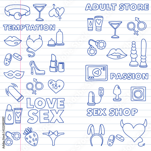 Vector set with sex shop icons. Erotic fetish games background.