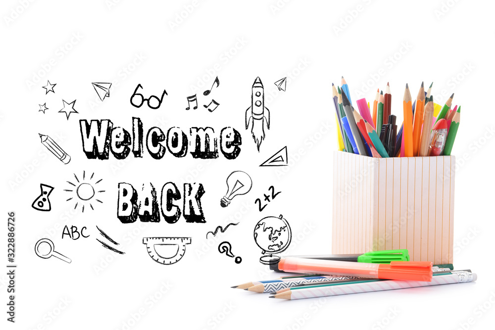 Set of school supplies and text WELCOME BACK on white background Set of school supplies and text WELCOME BACK on white background