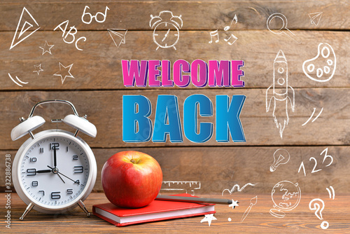 School supplies, apple, clo...