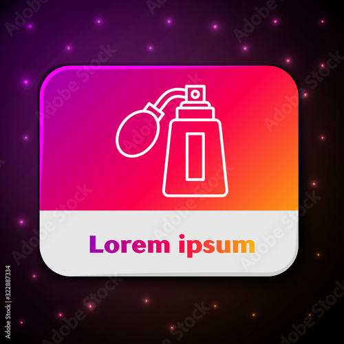 White line Aftershave bottle with atomizer icon isolated on black background. Cologne spray icon. Male perfume bottle. Rectangle color button. Vector Illustration