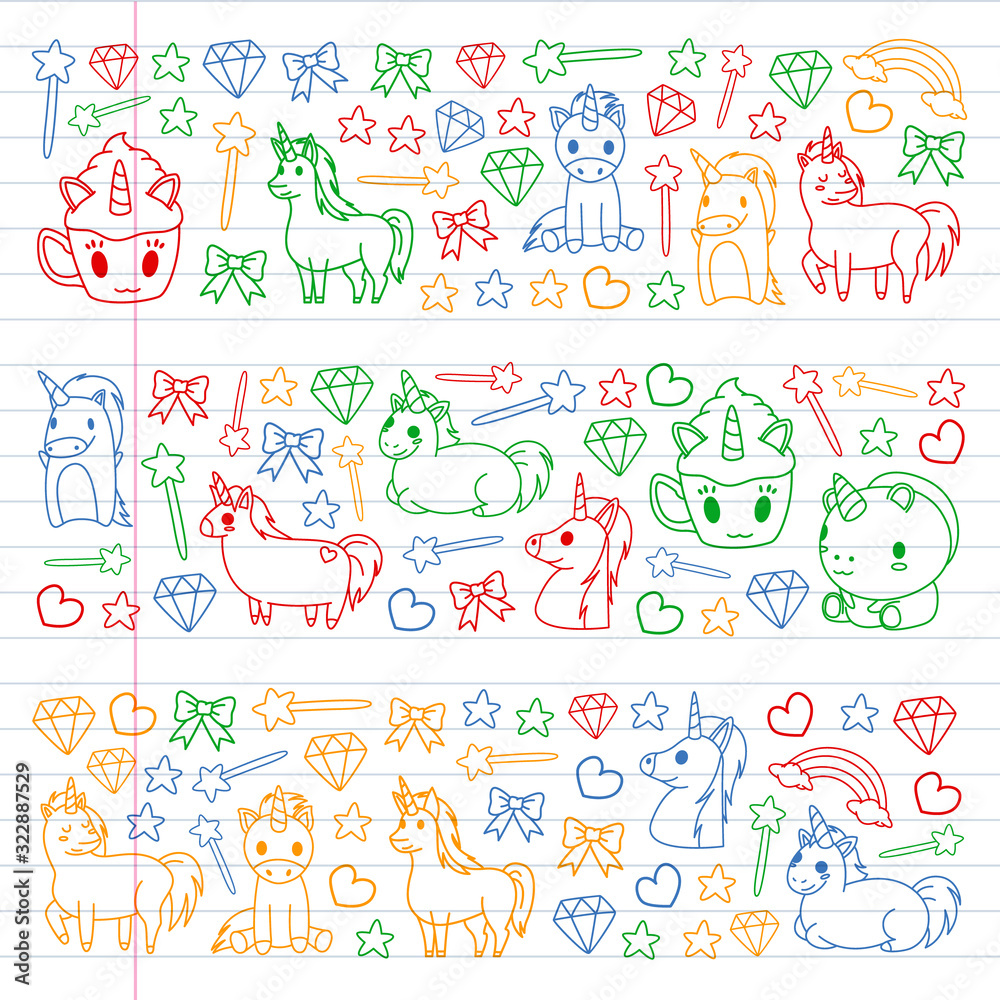 Children pattern with fairy tale unicors for kids clothes, posters, banners, shirts. Vector image with cartoon character. Children pattern with fairy tale unicors for kids clothes, posters, banners, shirts. Vector image with cartoon character.