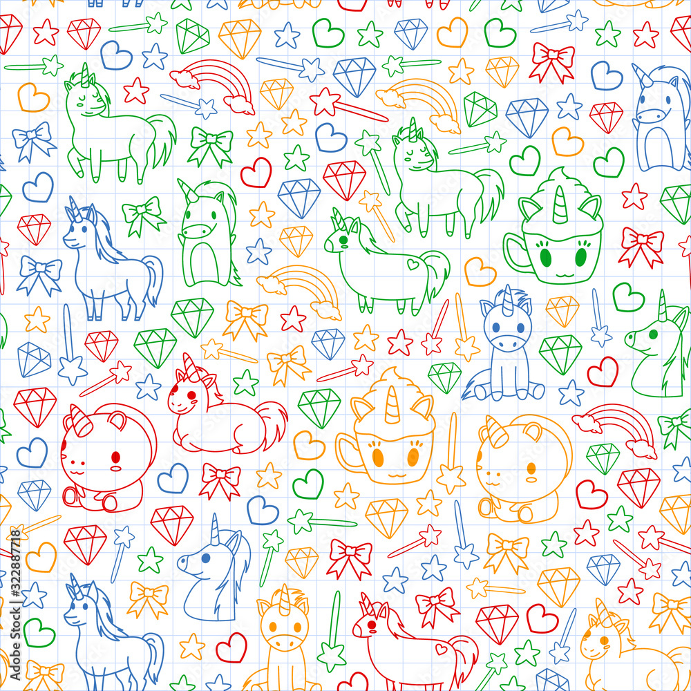 Children pattern with fairy tale unicors for kids clothes, posters, banners, shirts. Vector image with cartoon character. Children pattern with fairy tale unicors for kids clothes, posters, banners, shirts. Vector image with cartoon character.