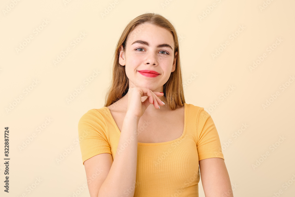 Beautiful young woman on color background Beautiful young woman on color background