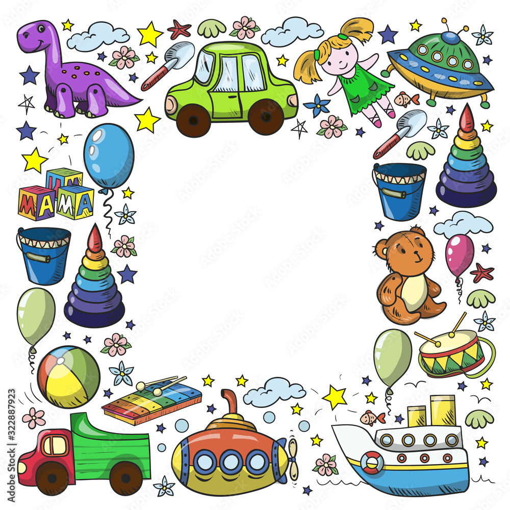 Obraz premium Baby toy set. Vector flat style cartoon illustration. Wooden and plastic toys, fun and activity. Kindergarten, nursery.