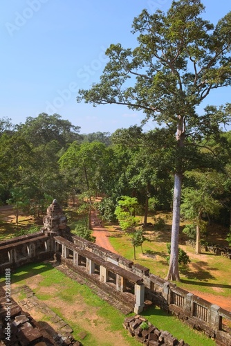 Ta Keo temple-mountain, an ancient khmer temple located in the Angkor complex near Siem Reap, Cambodia. View of the outer wall from the main tower, heading northwest.