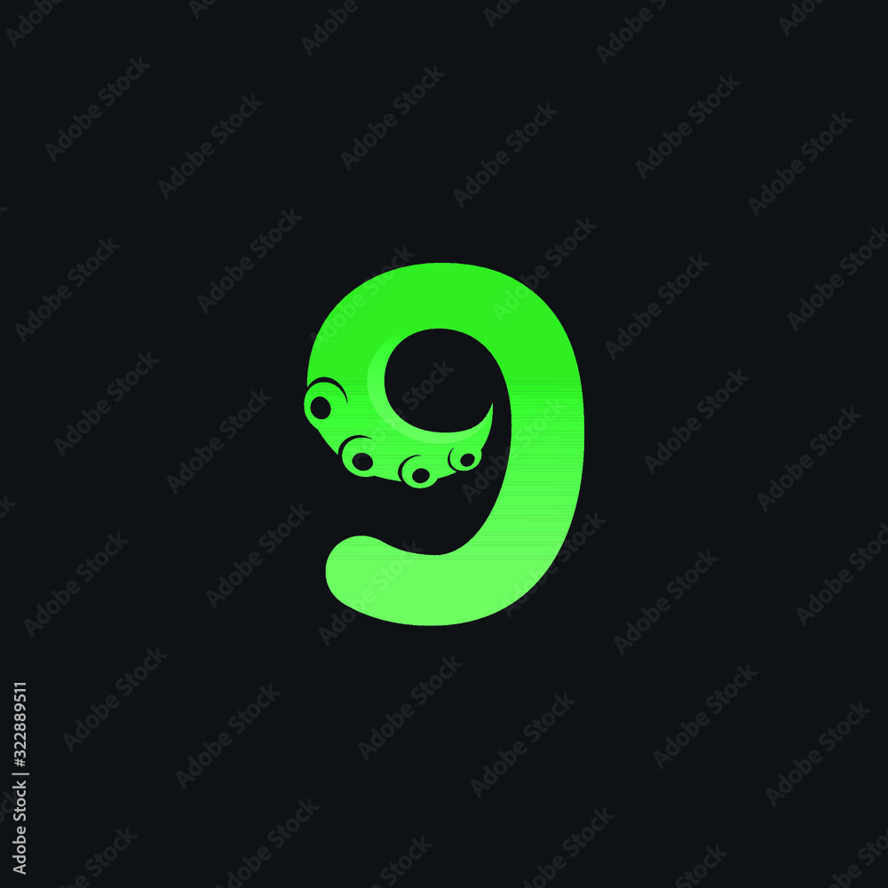 Initial Number 9 Logo Design with Tentacle Element Initial Number 9 Logo Design with Tentacle Element