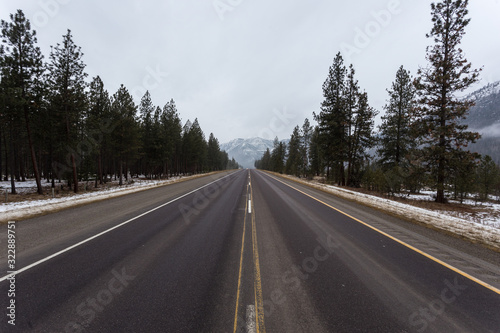Wide angle shot of a roadway leading to a snow capped mountain range with trees on either side