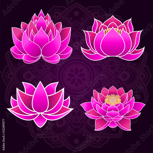 Set of stylized lotuses. Vector illustration. Yoga, wellness, spa, meditation design. Symbol of spiritual growth.