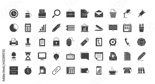 office supply equipment stationery icon set silhouette on white background