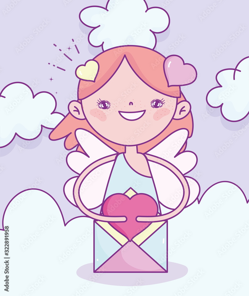 happy valentines day, cute cupid with mail love romantic clouds background happy valentines day, cute cupid with mail love romantic clouds background