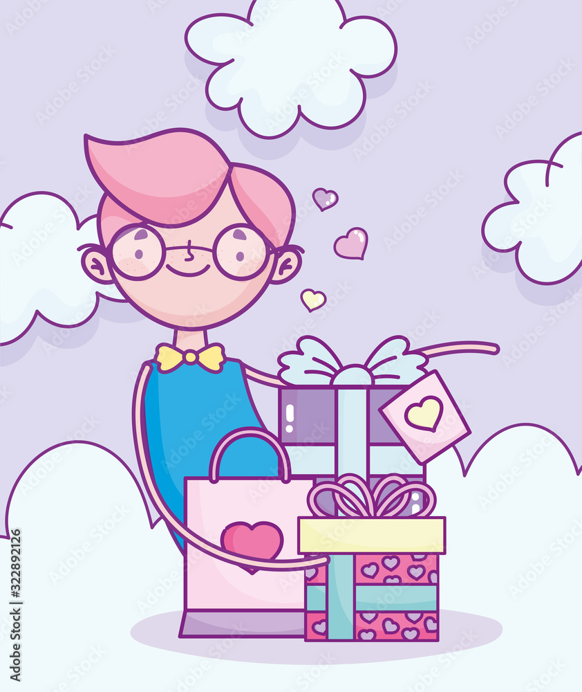 happy valentines day, boy with gifts and shopping bag celebration happy valentines day, boy with gifts and shopping bag celebration