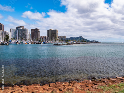 View of Waikiki and Diamond Head from Ala Moana Beach Park, Honolulu, Oahu Island, Hawaii.