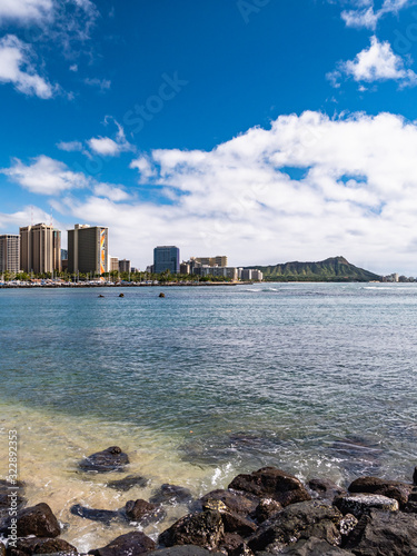 View of Waikiki and Diamond Head from Ala Moana Beach Park, Honolulu, Oahu Island, Hawaii. © okimo