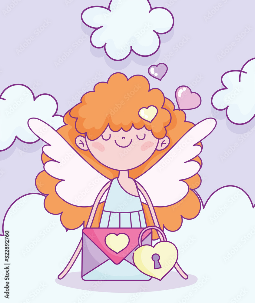 happy valentines day, cute cupid with envelope message padlock happy valentines day, cute cupid with envelope message padlock