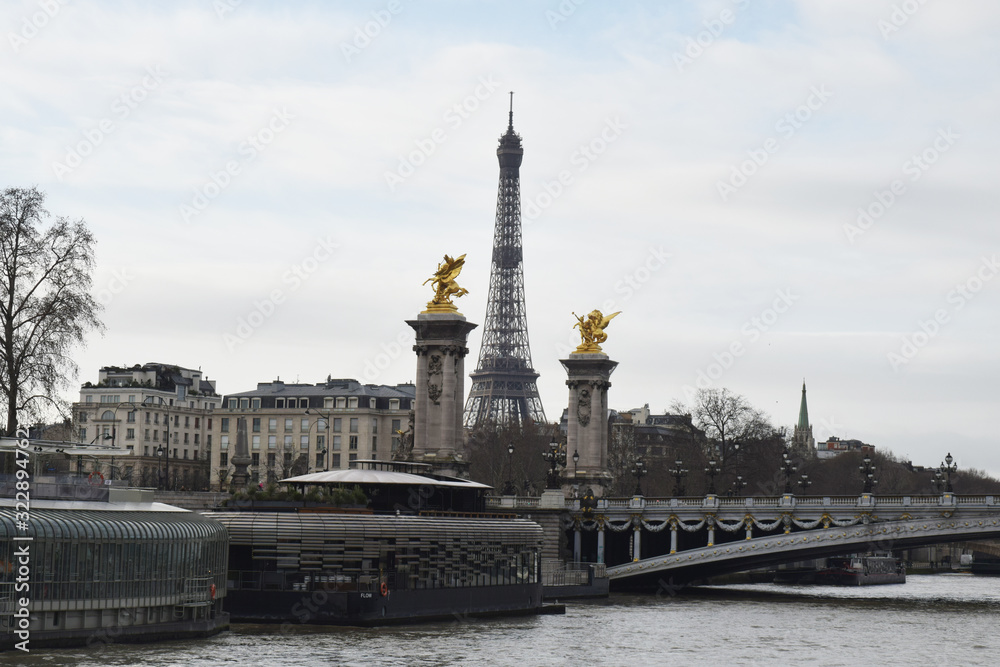 La tour Eiffel entre les colonnes du pont Alexandre III, Paris, France.