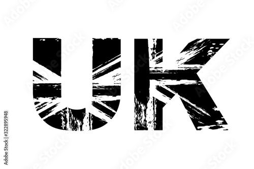 United Kingdom flag in letters, vintage British Union Jack, Great Britain grunge flag, UK text, black isolated on white background, vector illustration.