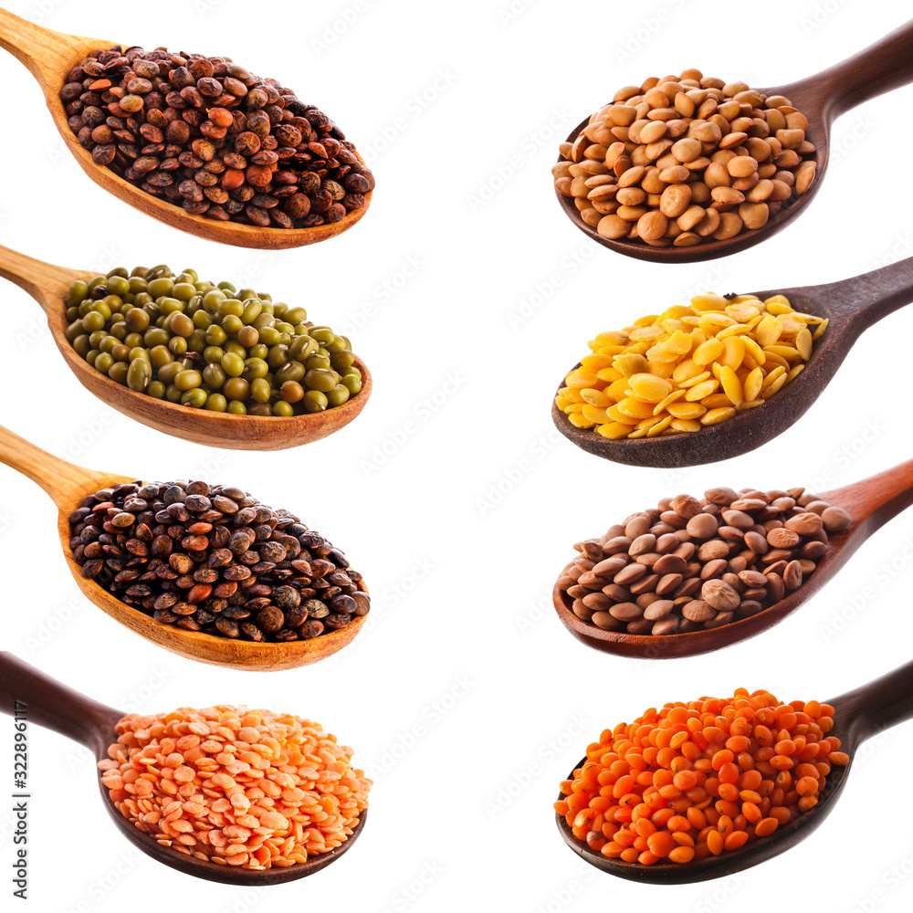 Collection of various lentils in a wooden spoons isolated on a white background. Collection of various lentils in a wooden spoons isolated on a white background.
