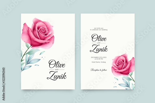 Minimalist wedding card template with roses flowers watercolor