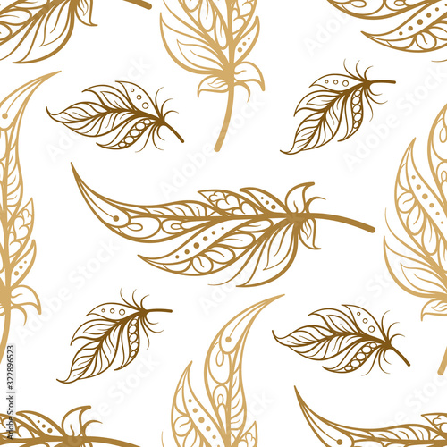 Vintage boho style feathers seamless pattern. Ethnic vector background.