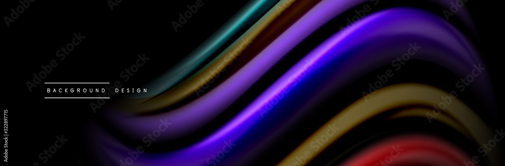 Silk and smooth flow wave poster design. Color waves, liquid style lines and shapes in black color background Silk and smooth flow wave poster design. Color waves, liquid style lines and shapes in black color background