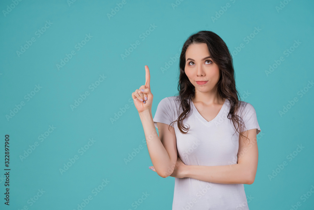 european woman on blue background, portrait girl european woman on blue background, portrait girl