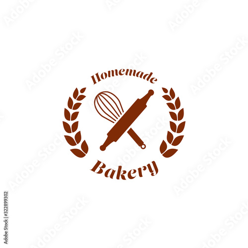 Homemade bakery bread shop store logo badge symbol with rolling pin and whisk icon element vector