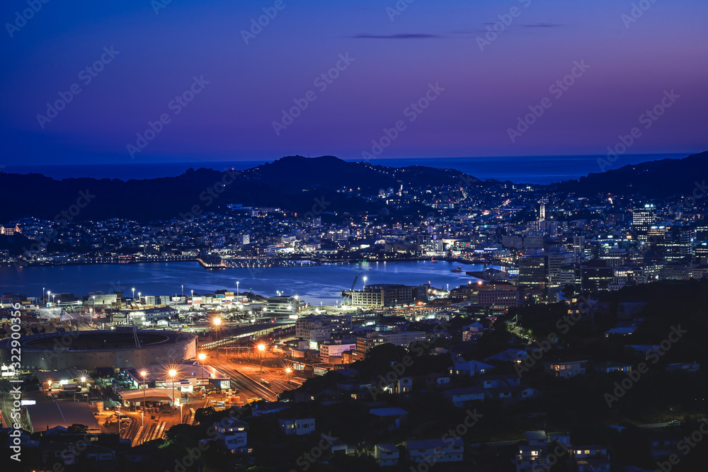 Wellington harbor cityscape at night after sunset