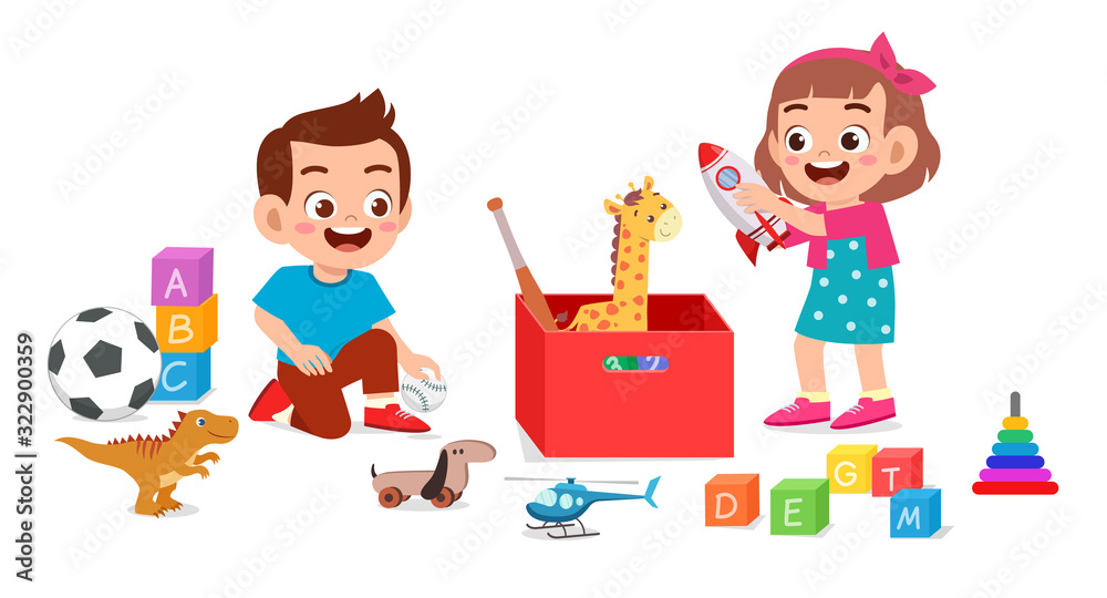 happy cute little kid boy and girl playing with toys