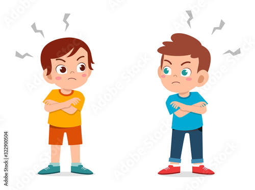 cute little kid boy angry each other