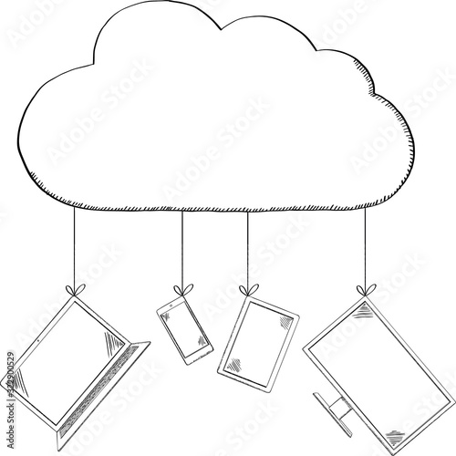 Doodle of laptop, mobile, tablet and computer monitor hanging from cloud 