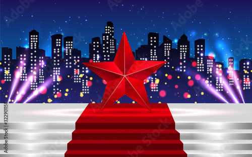 red star on the stage with colorful light in the city background	